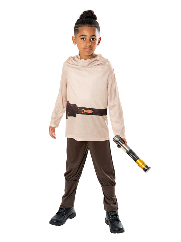 Boy in the Star Wars Obi-Wan Kenobi costume with a cream tunic, printed belt, brown pants and toy lightsaber