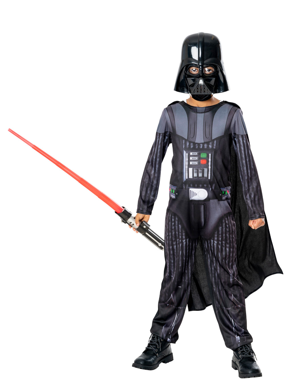 Boy in Darth Vader costume with printed jumpsuit, cape, helmet mask and red toy lightsaber