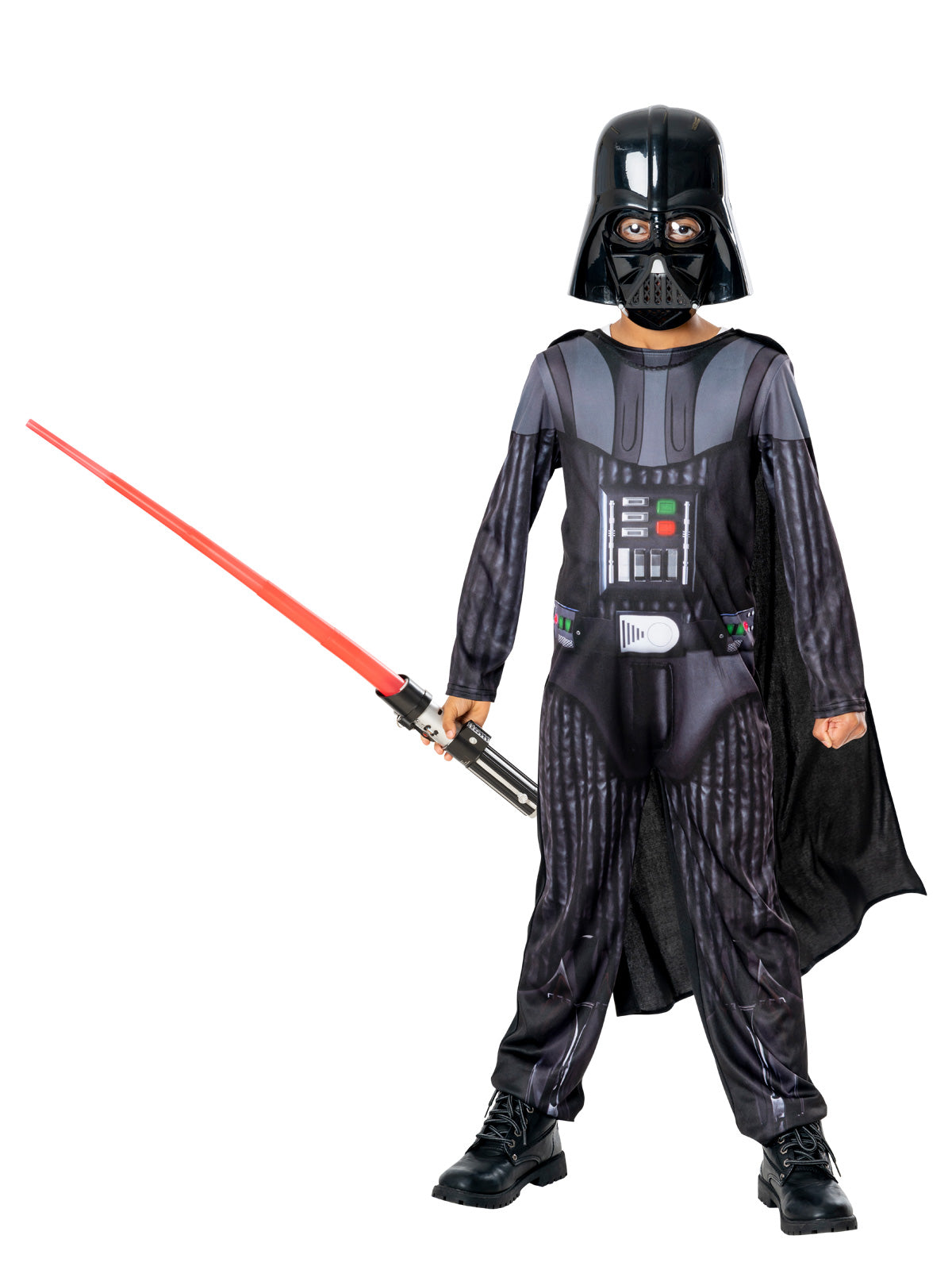 Boy in Darth Vader costume with printed jumpsuit, cape, helmet mask and red toy lightsaber