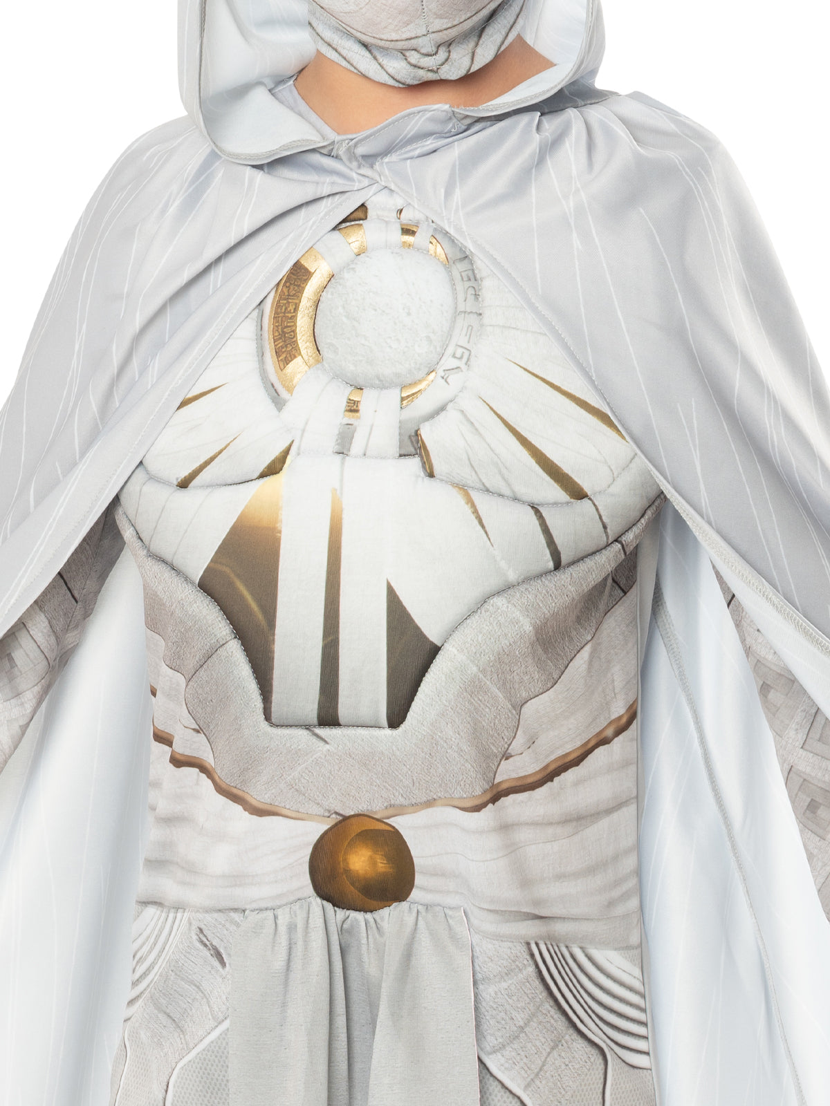 Close-up of the Moon Knight quilted white chest with gold foil crescent detail and hooded cloak