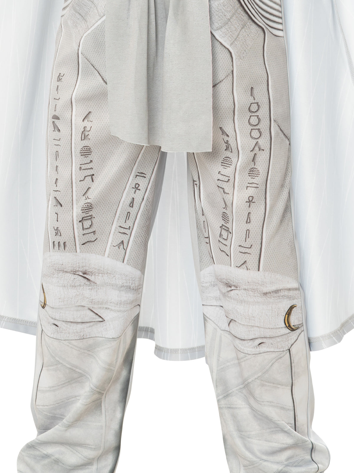 Close-up of the Moon Knight white padded legs with wrapped bandage-style detail