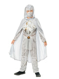 Boy in the Marvel Moon Knight Deluxe costume with a white padded jumpsuit, hooded cloak and face mask