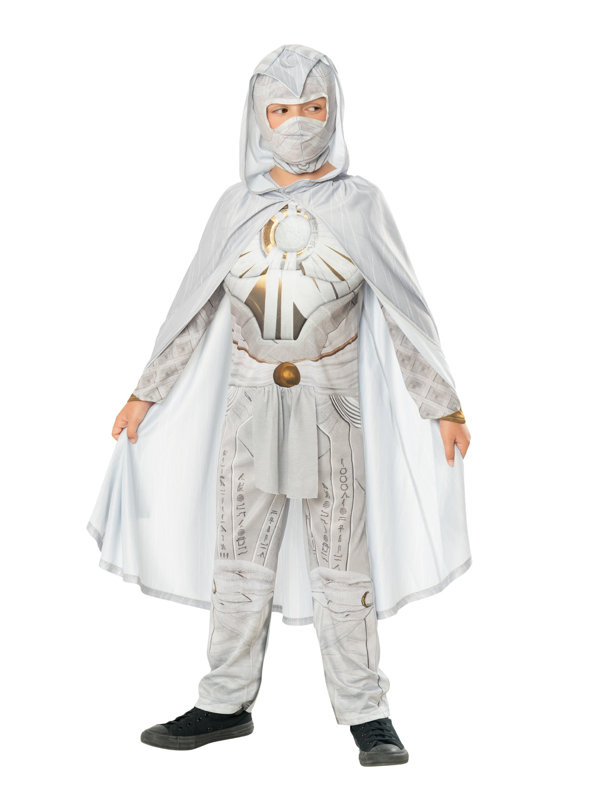 Boy in the Marvel Moon Knight Deluxe costume with a white padded jumpsuit, hooded cloak and face mask