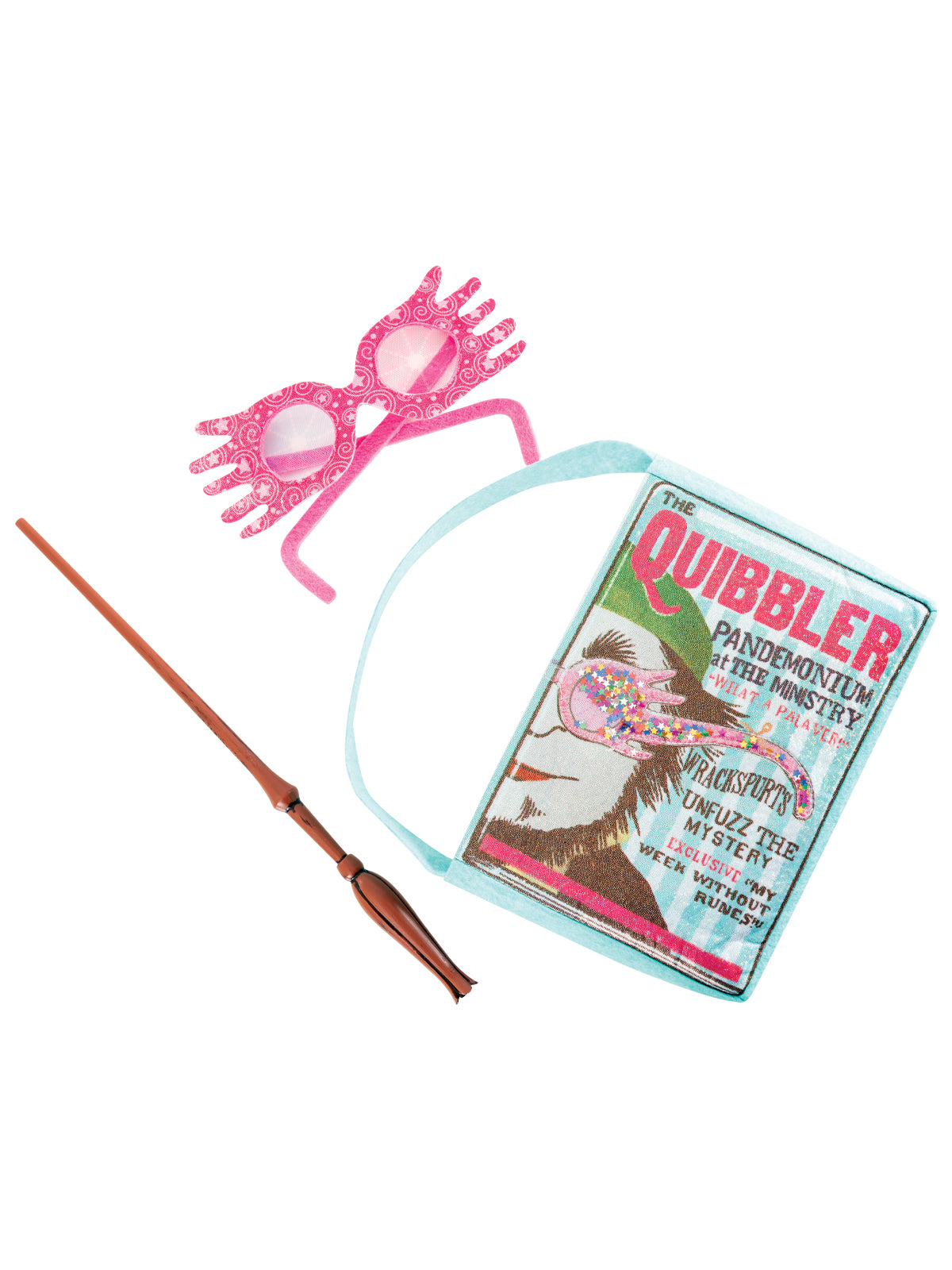 Luna Lovegood set with Quibbler bag, pink Spectrespecs and wand