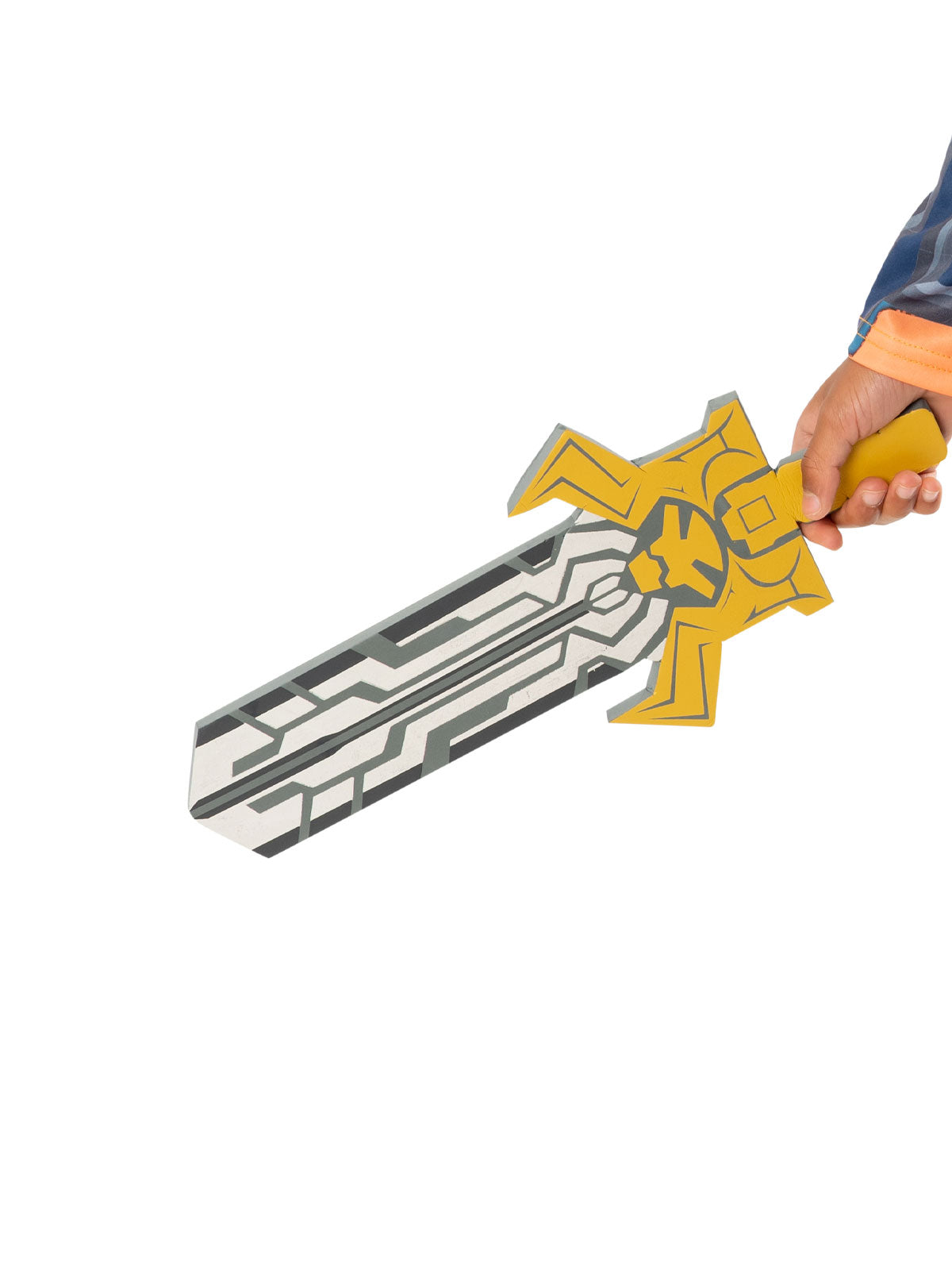 Close-up of the gold and silver printed foam He-Man sword