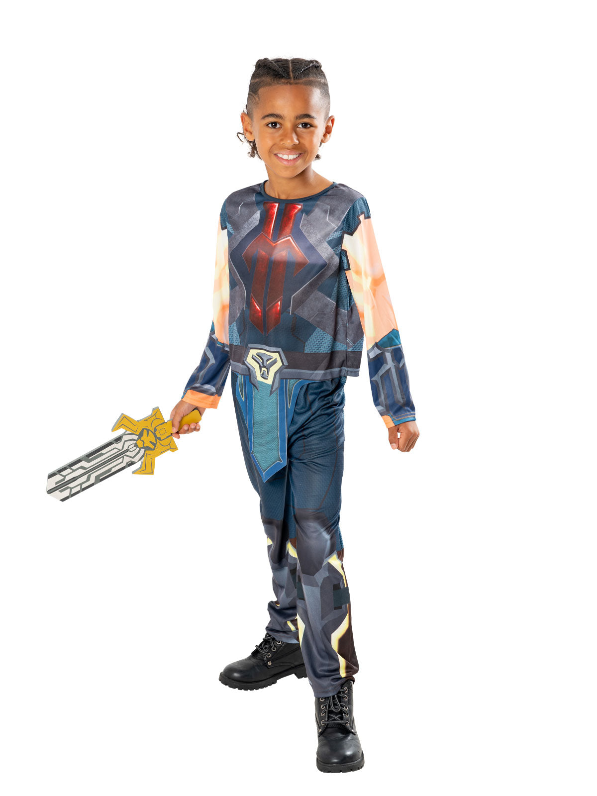 Boy in the He-Man Masters of the Universe costume with printed armour top and pants, holding the foam sword