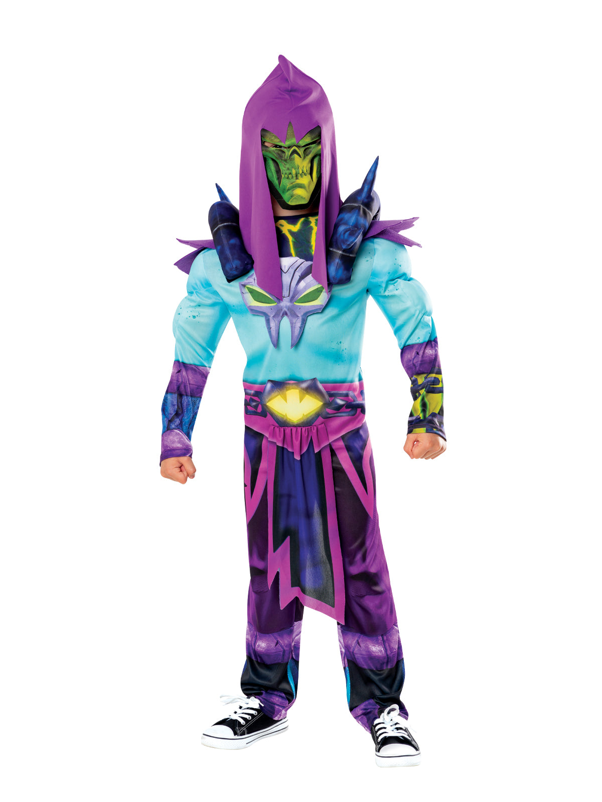 Boy in the Masters of the Universe Skeletor Deluxe costume with a purple hood, green skull mask and padded armour
