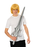 Man wearing a blonde He-Man wig and holding the inflatable silver sword