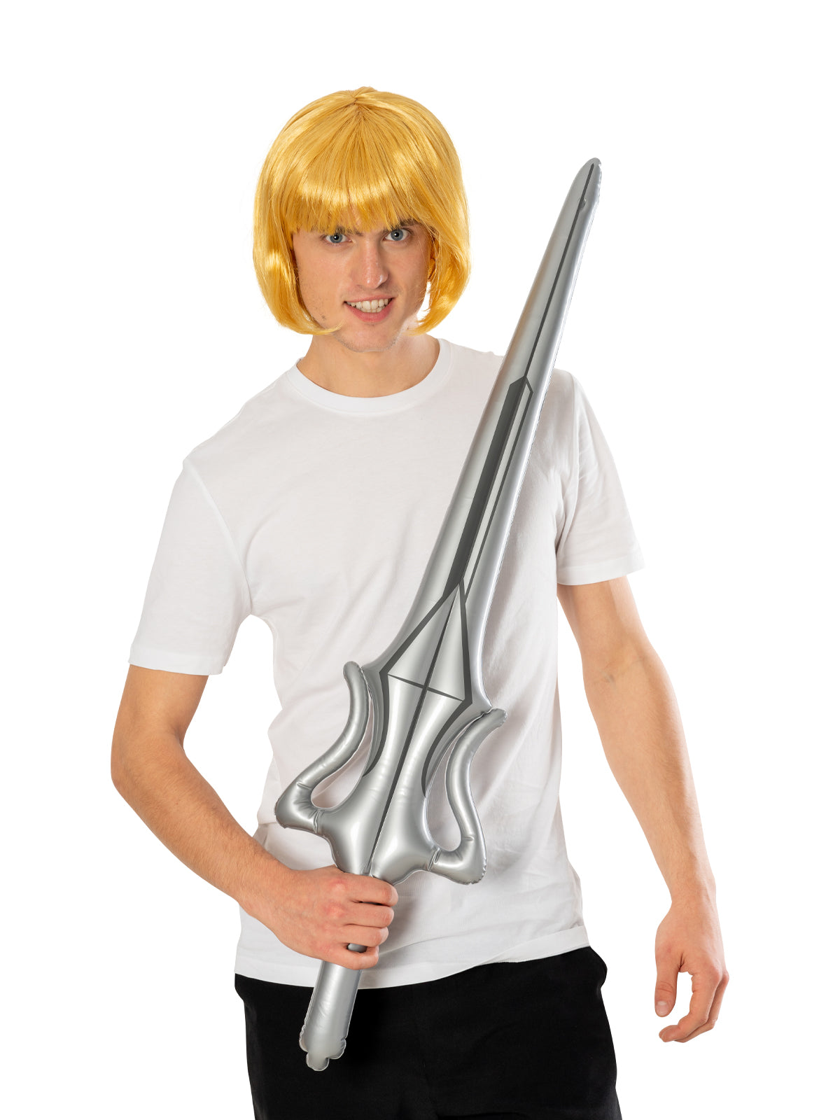 Man wearing a blonde He-Man wig and holding the inflatable silver sword