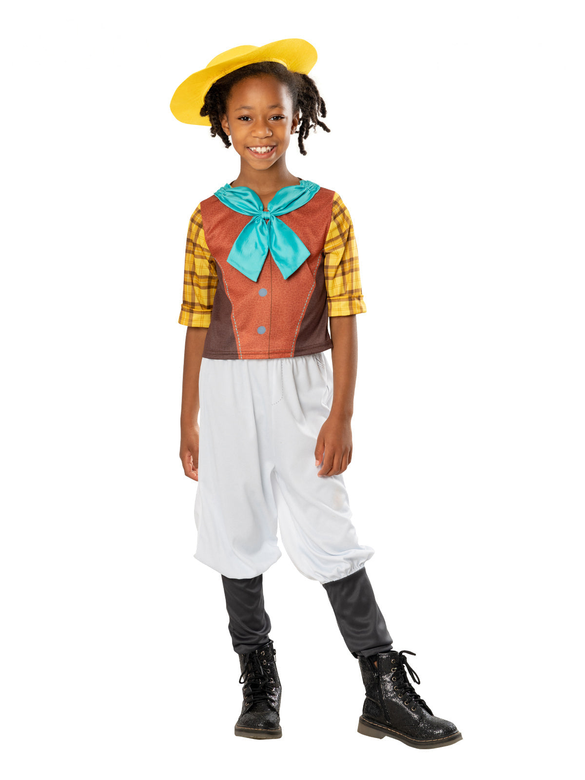 Girl in Dino Ranch Min costume with printed top, turquoise neckerchief, white pants and yellow hat