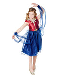 Girl in The Marvels Captain Marvel dress with red star bodice, blue tulle skirt and sheer wings