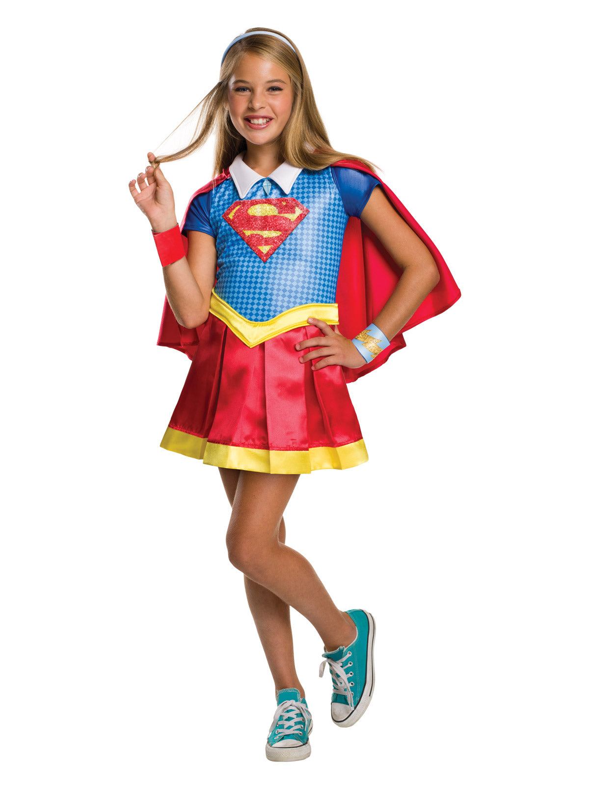 Girl wearing a deluxe Supergirl outfit with glitter S-logo top, white collar, red pleated skirt, cape and headband