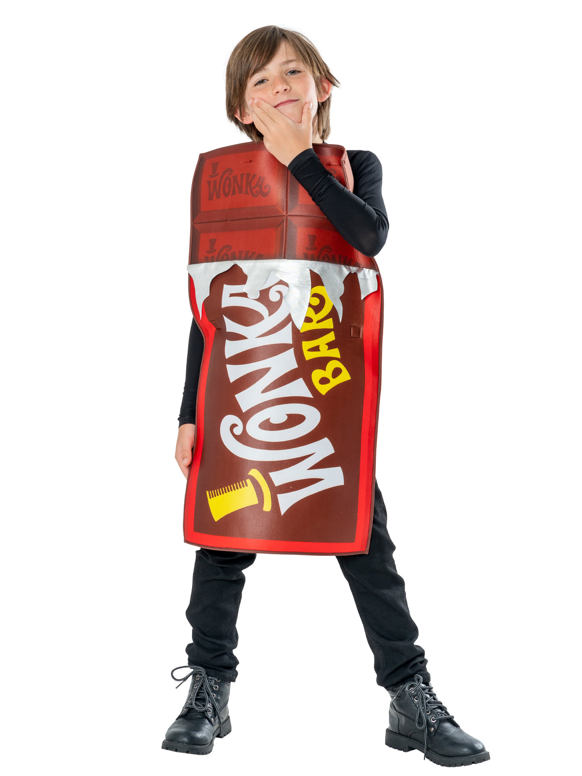 Child wearing an oversized foam Wonka chocolate bar tabard with red and gold wrapper print