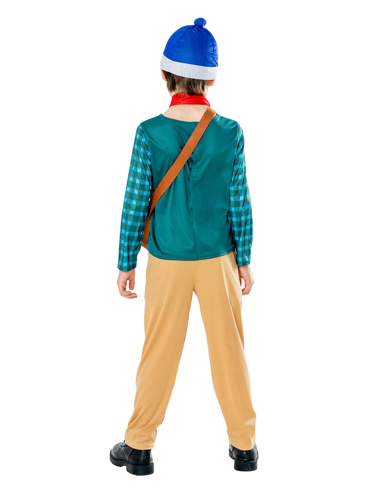Back view of the Charlie Bucket costume with checked shirt, satchel strap and blue beanie