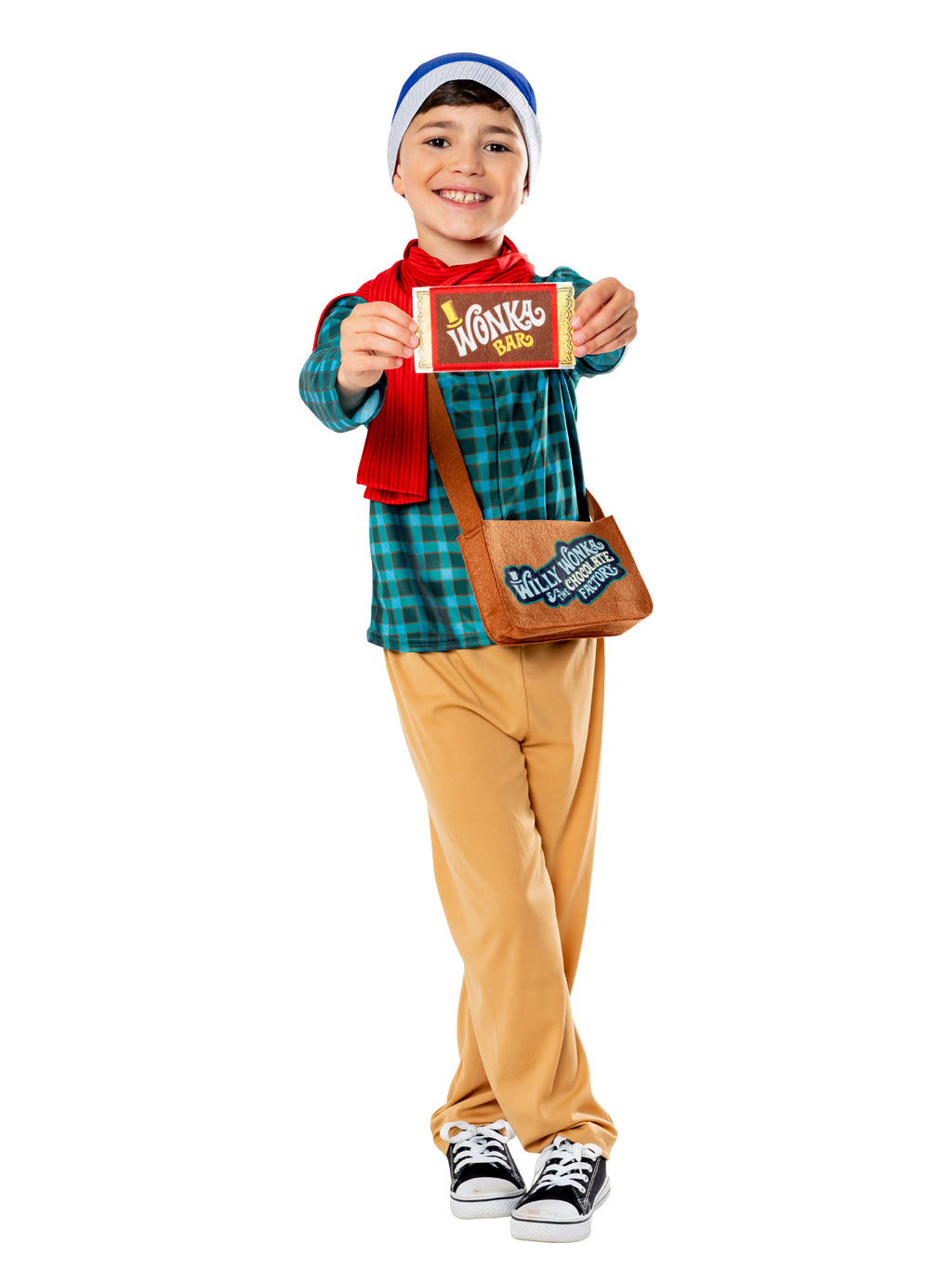 Boy in Charlie Bucket costume with checked shirt, red scarf, beanie, satchel and Wonka bar