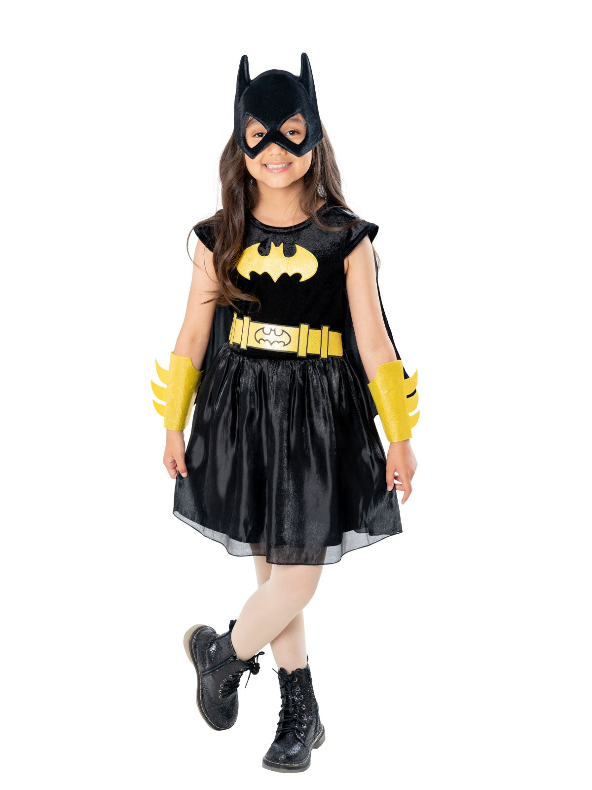 Girl in Batgirl velour dress with yellow bat emblem, black tulle skirt, bat-eared mask and yellow gauntlets