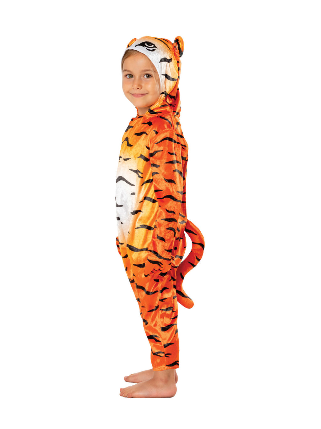 Side view of the Tiger Deluxe Hooded jumpsuit with printed stripes and tail