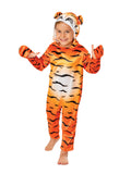 Child in an orange hooded tiger jumpsuit with printed stripes, paw sleeves and 3D-eared hood