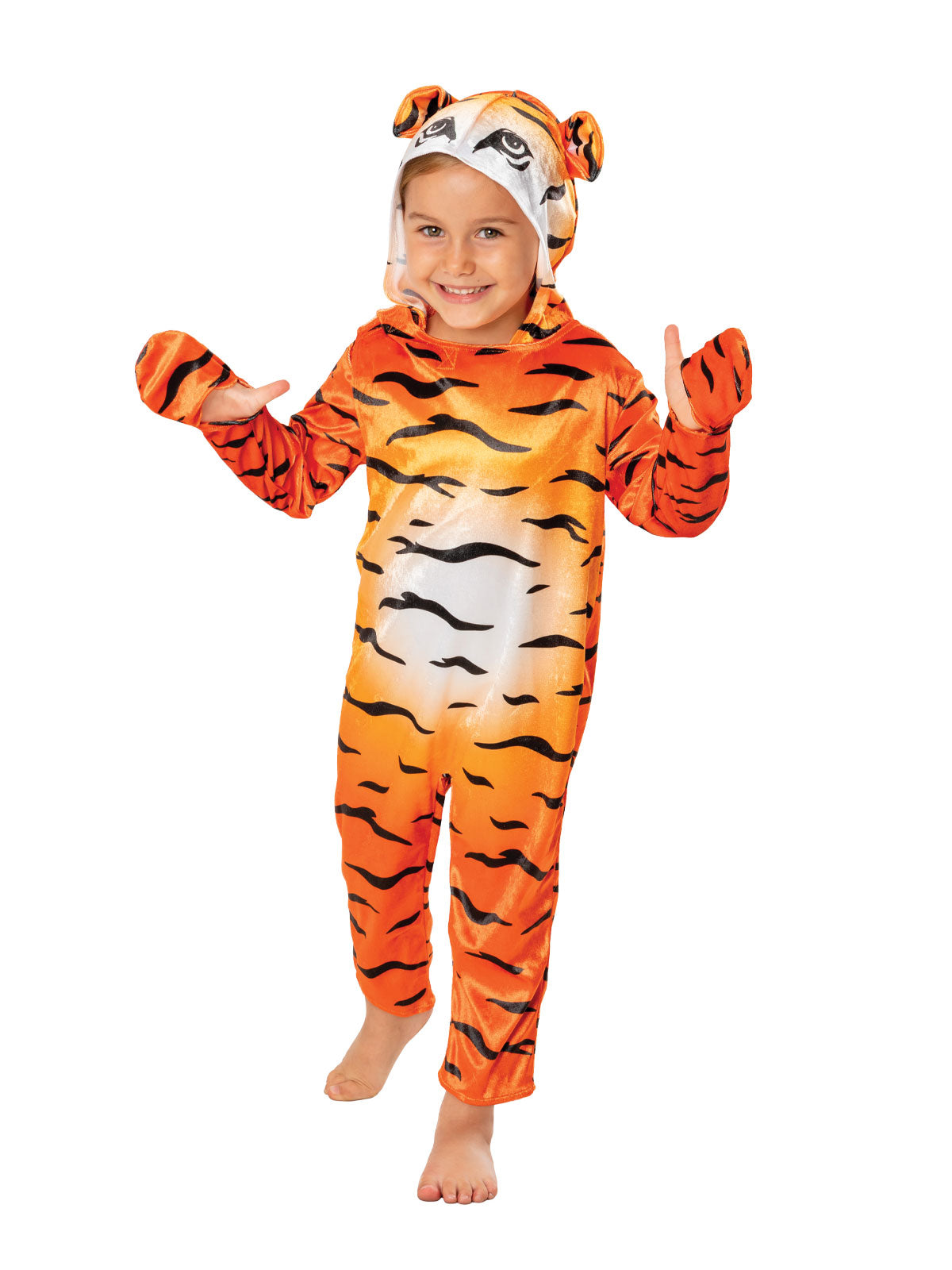 Child in an orange hooded tiger jumpsuit with printed stripes, paw sleeves and 3D-eared hood