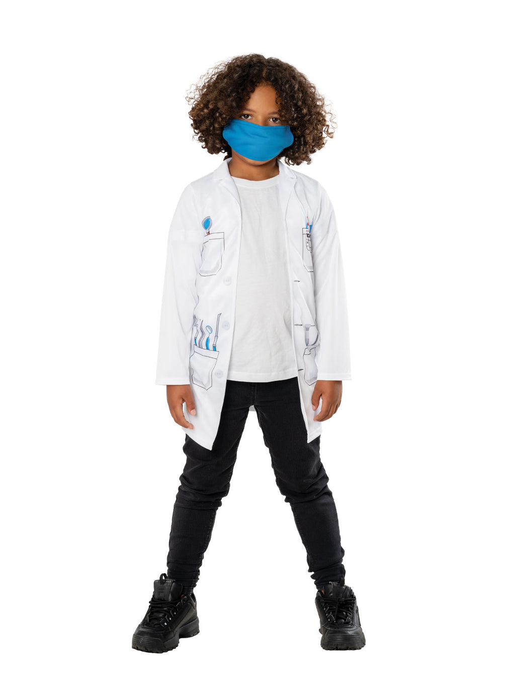 Child in dentist costume with white printed coat-style shirt and blue face mask