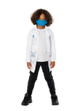 Child in dentist costume with white printed coat-style shirt and blue face mask