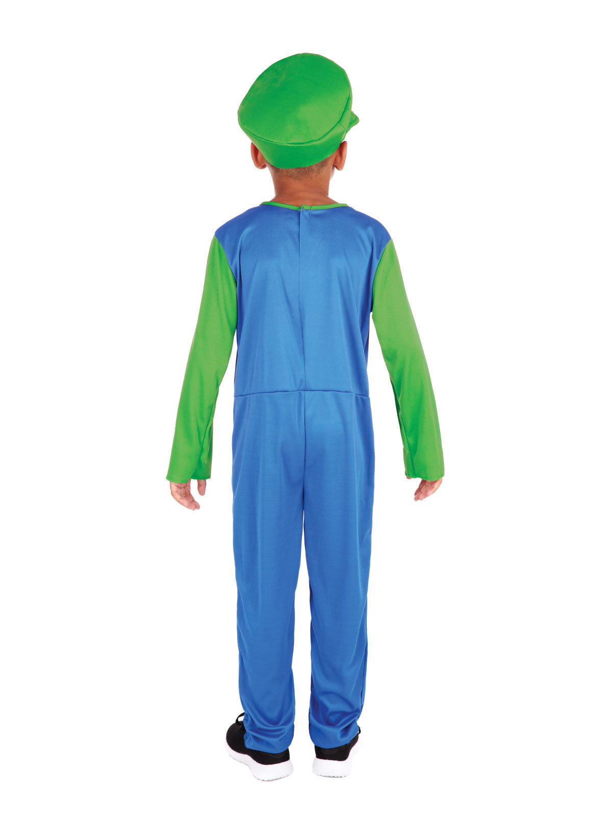 Back view of the Green Plumber costume with a green cap and blue overalls