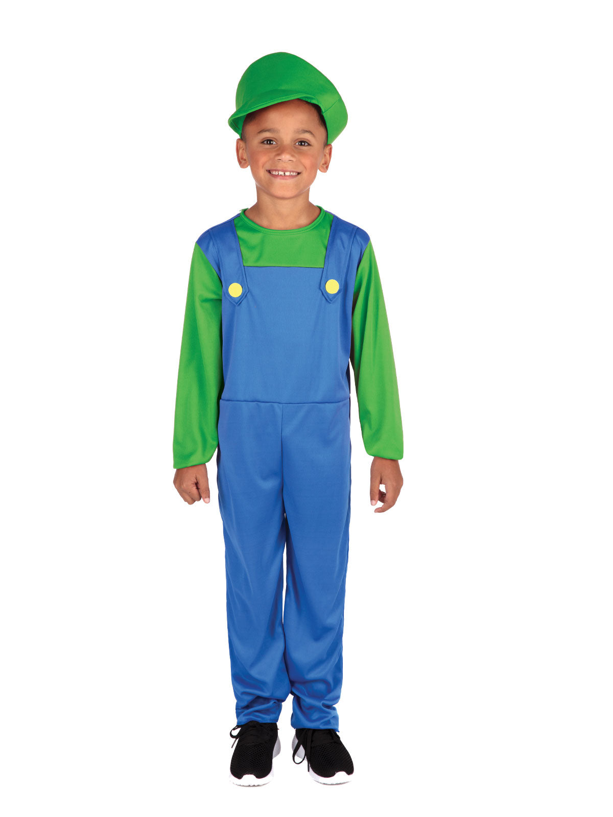 Boy in the Green Plumber costume with a green cap, green long-sleeved top and blue overalls