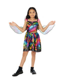 Girl in rainbow butterfly print dress with sheer rainbow butterfly wings