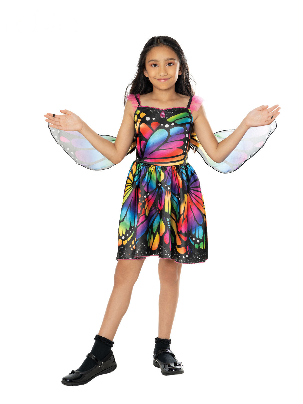 Girl in rainbow butterfly print dress with sheer rainbow butterfly wings