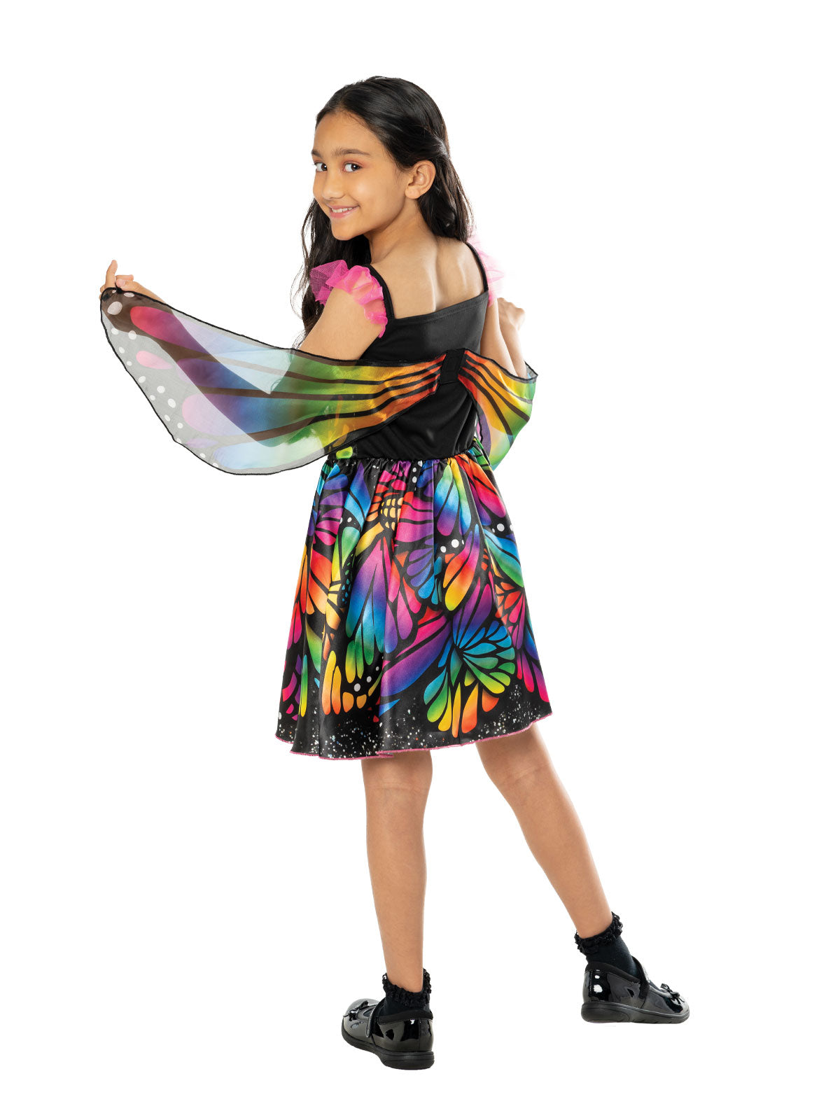 Back view of the butterfly costume showing the rainbow wire-framed wings