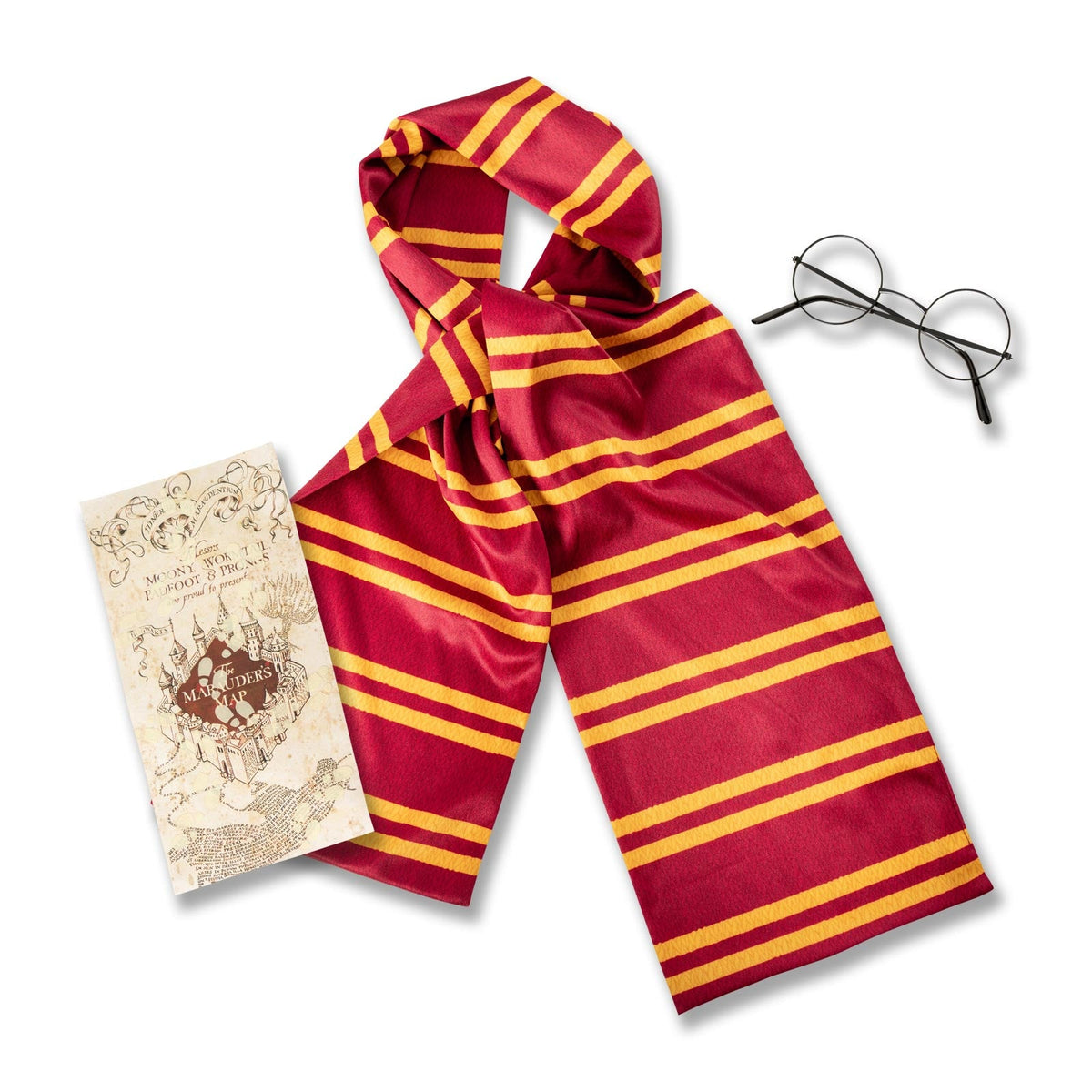 Harry Potter accessory set with Gryffindor striped scarf, round glasses and Marauder's Map card