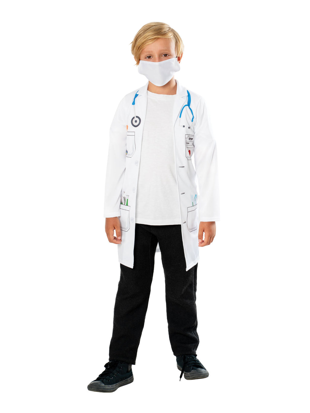 Child in doctor costume with printed white coat-style shirt and white face mask