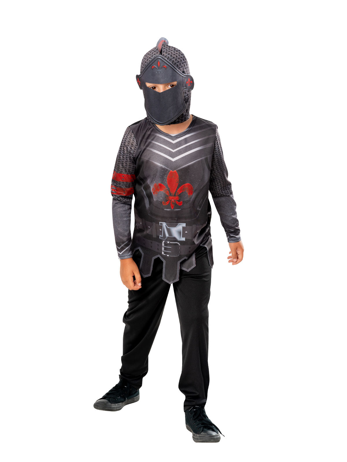 Boy in Black Knight costume with armour-print tunic, red emblem, black pants and knight hood mask