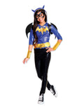 Girl in deluxe Batgirl costume with shiny blue hooded top, bat wings backpack and black pants