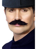Man wearing a black London bobby moustache with curled ends