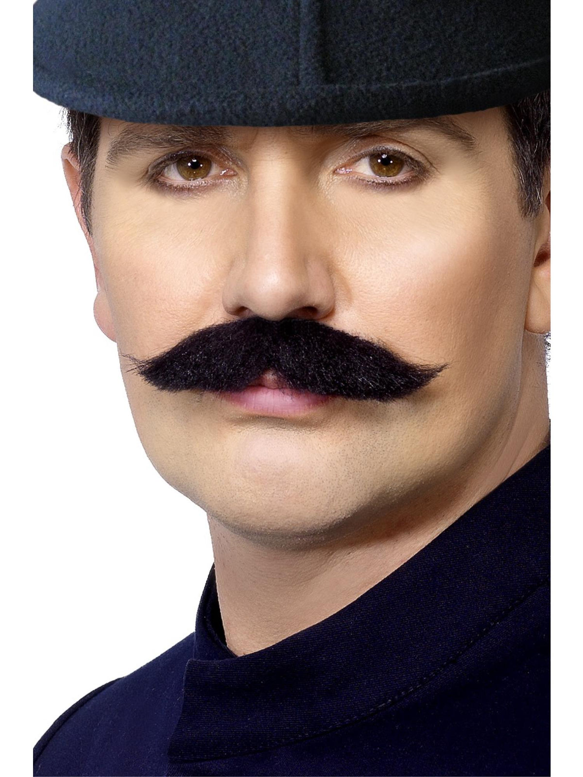 Man wearing a black London bobby moustache with curled ends