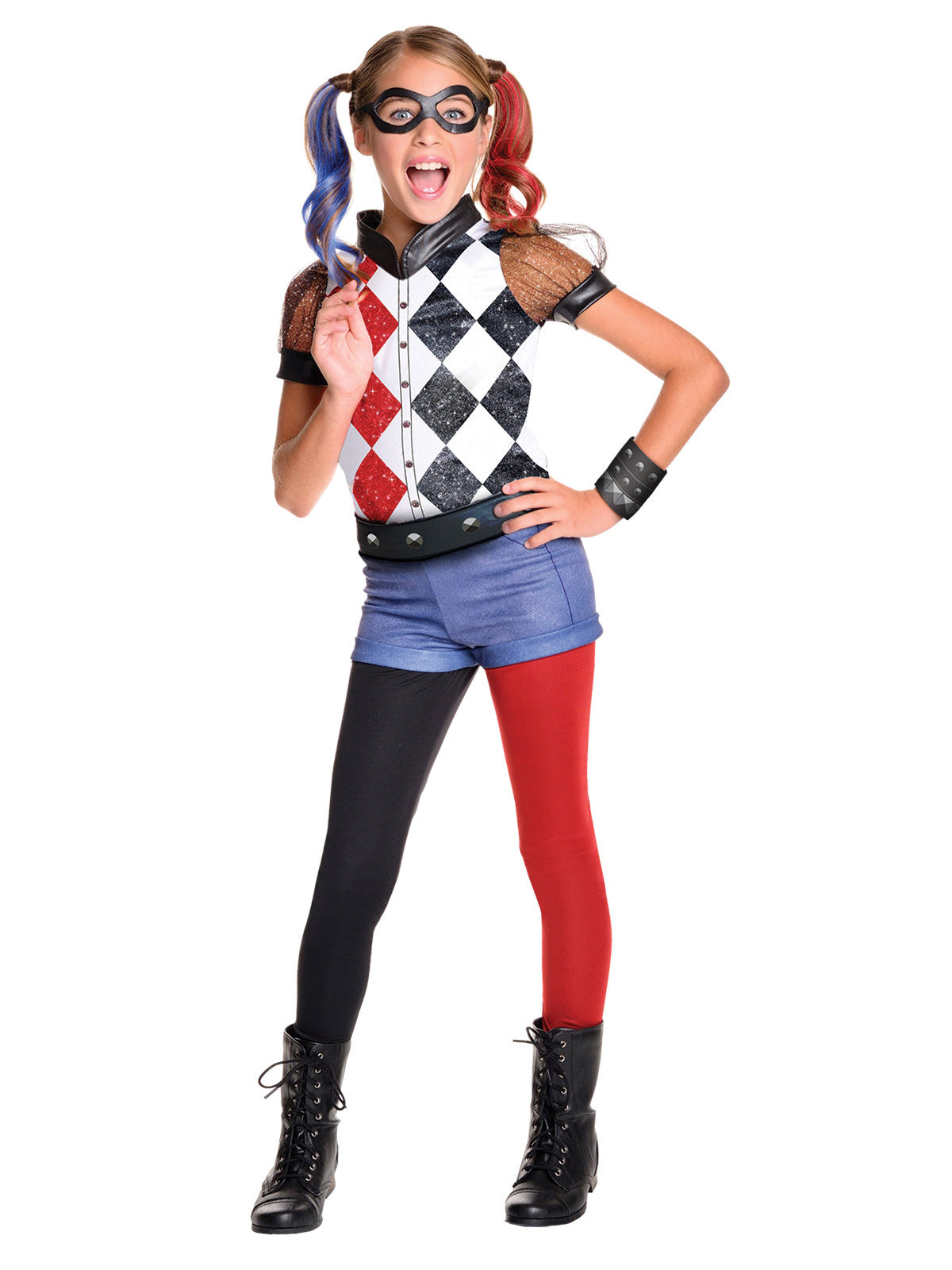 Girl in the DC Super Hero Girls Harley Quinn Deluxe costume with a diamond top, puff sleeves, shorts and leggings