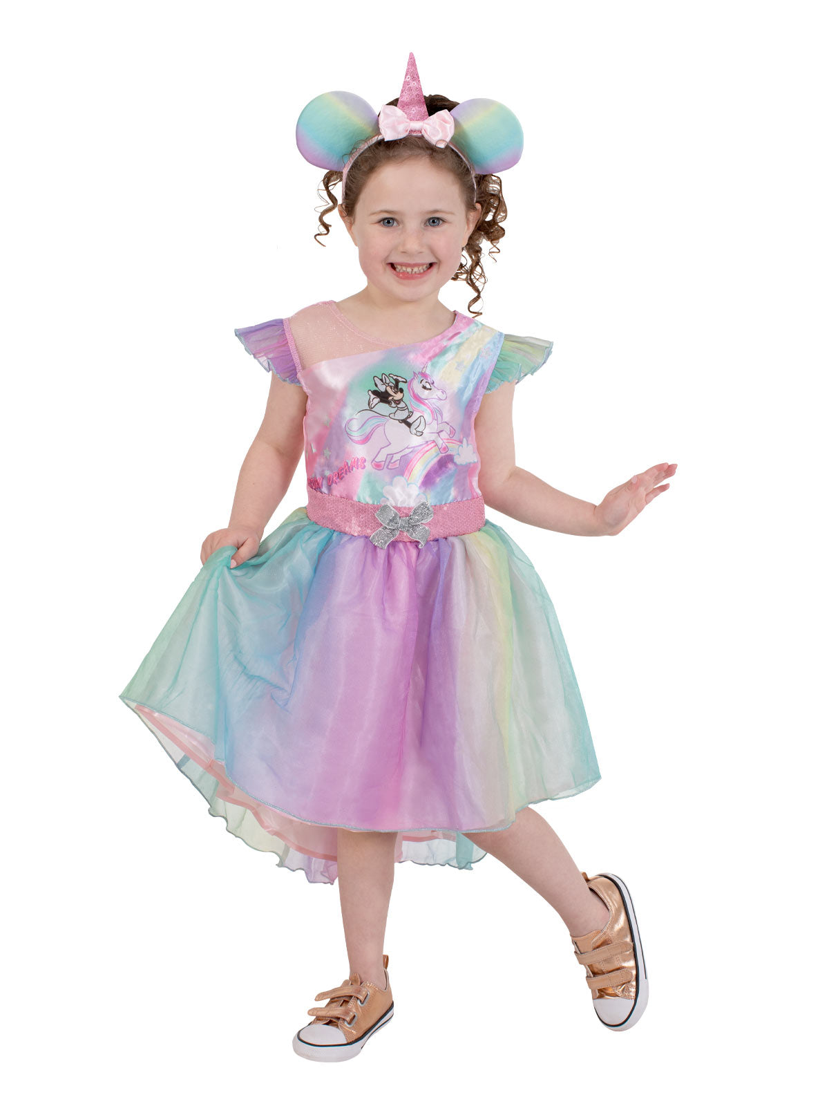 Girl in the Disney Minnie Mouse Unicorn rainbow dress with a glitter skirt and rainbow ears with unicorn horn