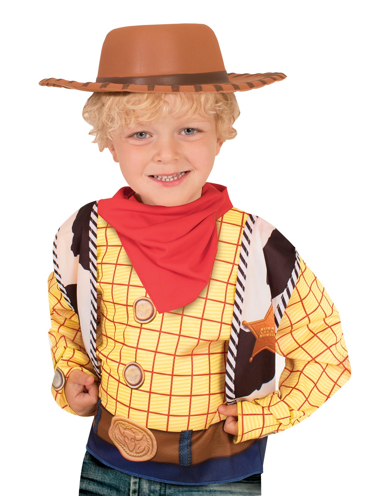 Boy in a Woody outfit wearing the brown Woody cowboy hat