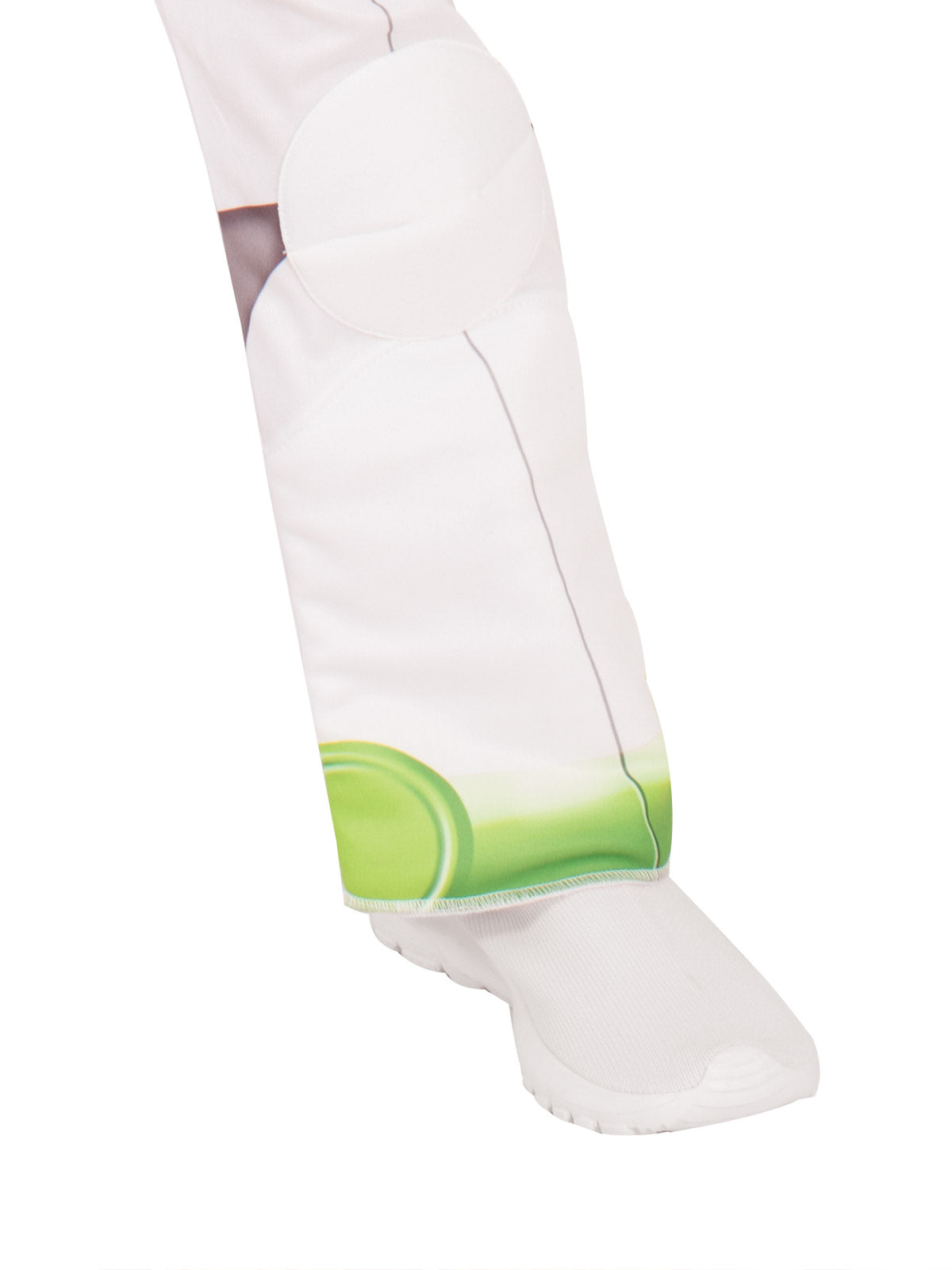 Close-up of the Buzz Lightyear jumpsuit's white leg with green trim and knee pad