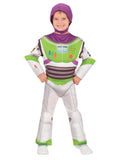 Child in padded Toy Story Buzz Lightyear jumpsuit with purple hood and green and white armour print