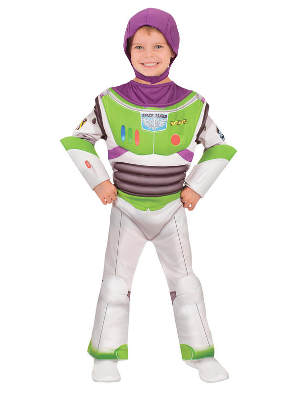 Child in padded Toy Story Buzz Lightyear jumpsuit with purple hood and green and white armour print
