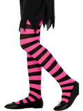 Child's legs wearing black and fuchsia pink striped tights