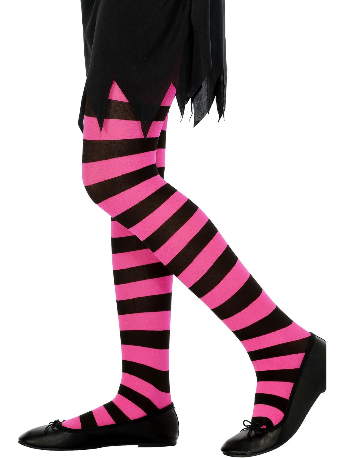 Child's legs wearing black and fuchsia pink striped tights