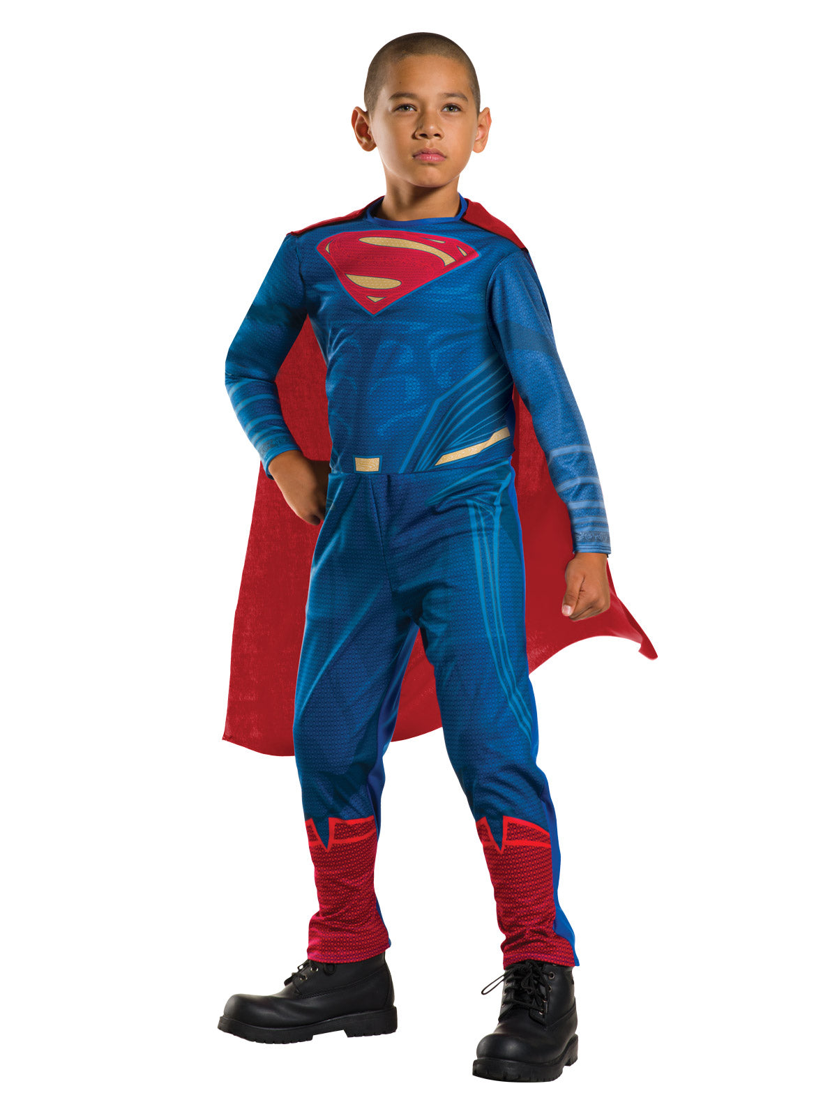Boy wearing a Justice League Superman jumpsuit with printed muscles, shin guards, S logo and red cape