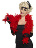 Woman wearing a fluffy red feather boa draped around her shoulders