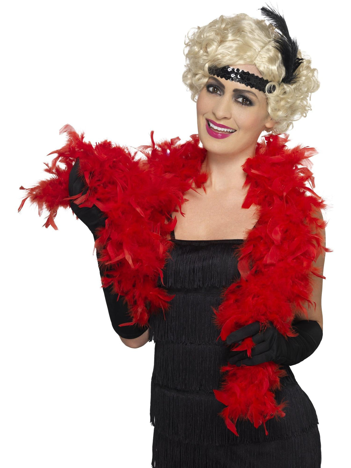 Woman wearing a fluffy red feather boa draped around her shoulders
