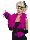 Woman wearing a fluffy fuchsia pink feather boa draped around her shoulders