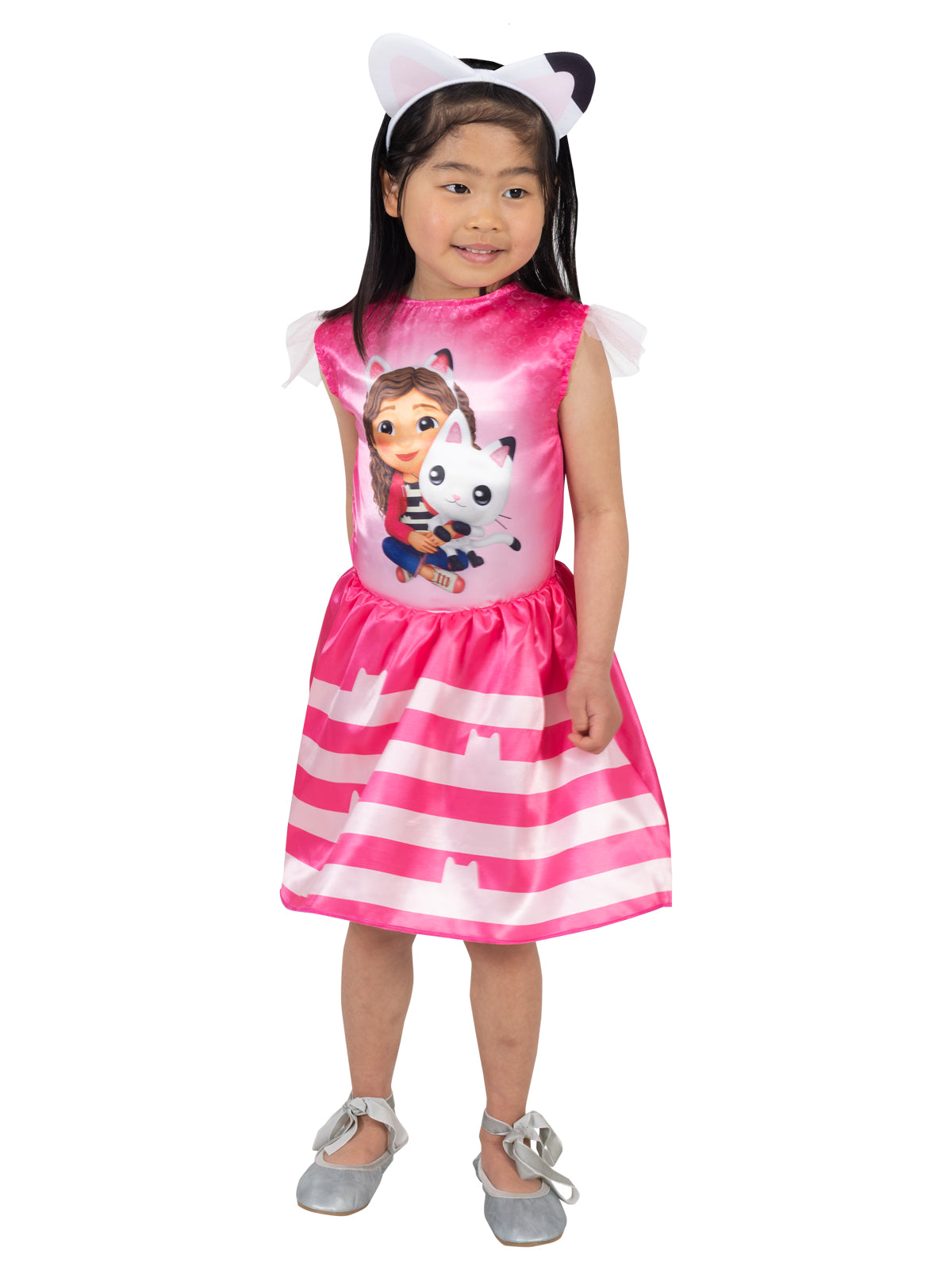 Girl wearing the Gabby and Pandy dress with striped skirt and felt cat ears