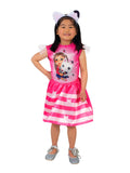 Girl in a Gabby's Dollhouse pink satin dress with Gabby and Pandy print and cat-ear headband